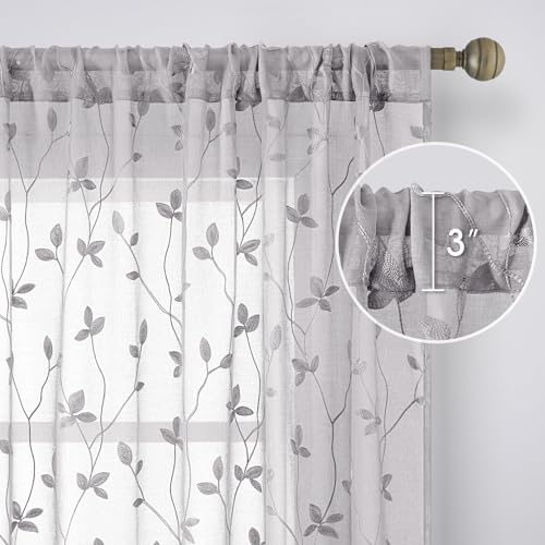 Light Grey Sheer Curtains Vine Embroidered (52"W x 96"L (Pack of 2) / Vine Light Grey)