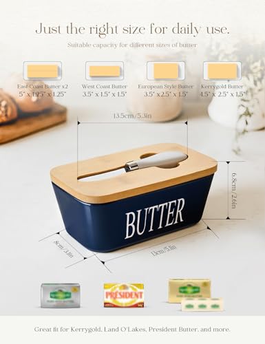 Ceramic Butter Dish with Lid and Knife & Silicone Seal for Countertop Blue (Blue)
