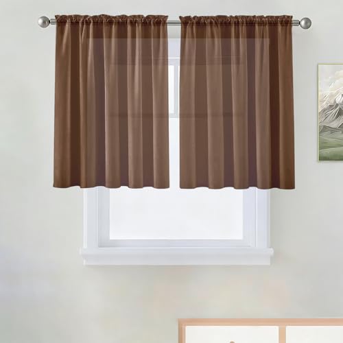 Basic Rod Pocket Sheer Voile Window Curtain Panels Brown 1 Pair 2 Panels 52 Width 36 Inch Long for Kitchen Bedroom Children Living Room Yard（Brown (Brown / 52"W x 36"L (Pack of 2))