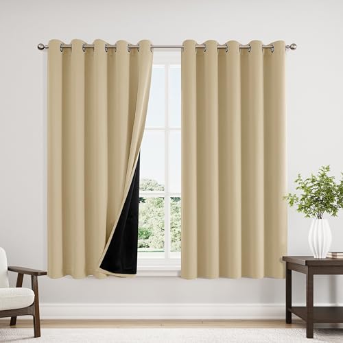 100% Blackout Curtains for Bedroom 63 Inches Long 2 Panels Set (60"W x 63"L (Pack of 2) / Beige)