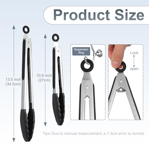 2 Pack Black Premium Stainless Steel Heat Resistant Kitchen Tongs for cooking (9''+12'' / Black)