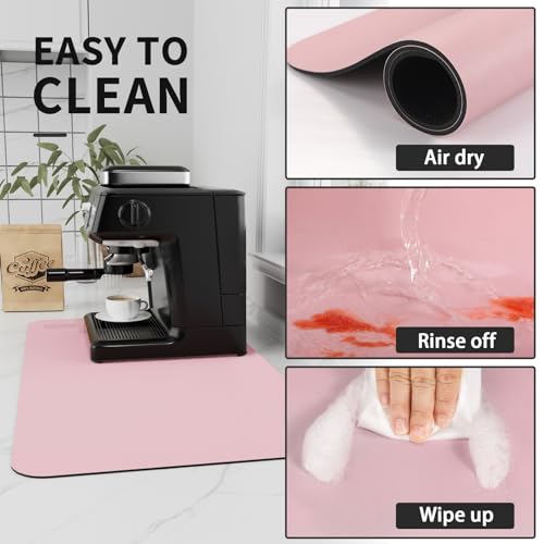 Coffee Mat Absorbent Hide Stain Rubber Backed Dish Drying Mat for Kitchen Counter (Pink / 16" x 24")