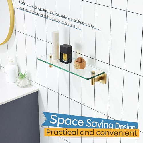 Wall Shelves Floating Shelf 16'' Gold Stainless Steel Bathroom Hardware Tempered Glass Hanging Rack Storage (Brushed Gold / 16-Inch(2 Pack))