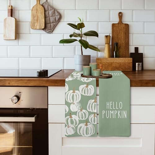Fall Hello Pumpkin Farmhouse Kitchen Towels and Dishcloths Sets of 2 (Green Pumpkin)