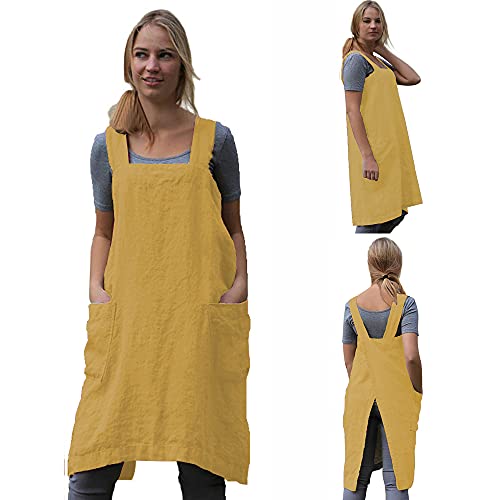 Cotton Linen Apron Blend Dress with Big Pockets for Women Square Pinafore Dress for Baking Cooking BBQ & Grill (Yellow / Large)