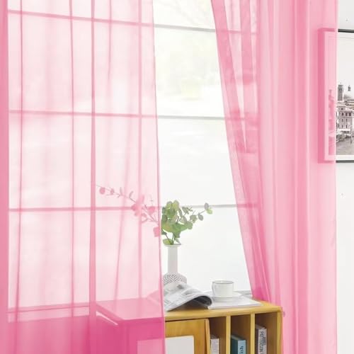 Basic Rod Pocket Sheer Voile Window Curtain Panels Pink 1 Pair 2 Panels 52 Width 45 Inch Long for Kitchen Bedroom Children Living Room Yard（Pink (Pink / 52"W x 45"L (Pack of 2))