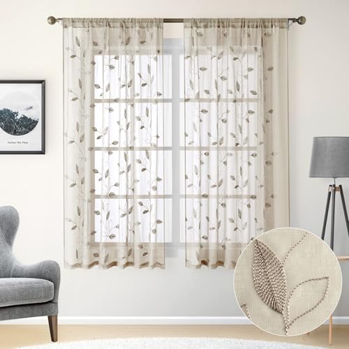 Taupe Sheer Curtains Leaf Embroidered (52"W x 63"L (Pack of 2) / 2-taupe/Beige)