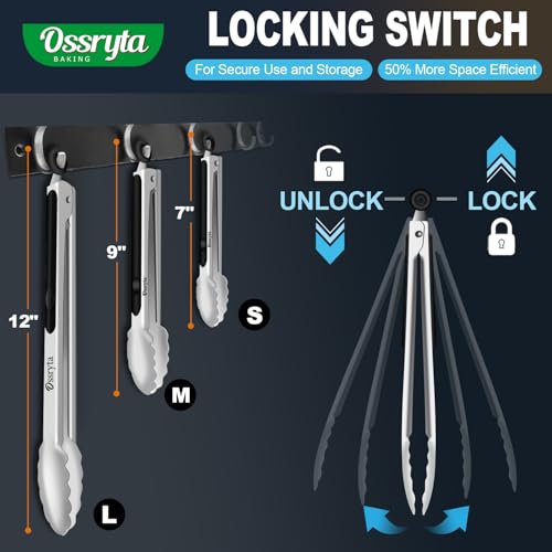 Stainless Steel Cooking Tongs Set of 3 (Silver 3 Pieces / 7+9+12 inch)