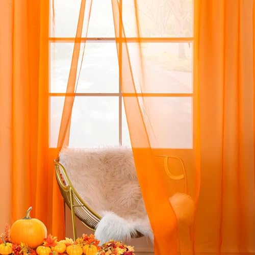 Solid Sheer Rod Pocket Curtain Voile Draperies 2 Panels White Beige Orange Grey Coffee 42 Inch Width 54 Inch Long 1 Pair for Kitchen Bedroom Children Living Room Yard (Orange / 42"W x 54"L (Pack of 2))