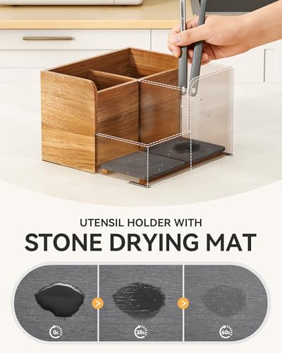 Kitchen Utensil Holder with Stone Drying Mats (WOOD COLOR)