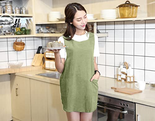 Cotton Linen Aprons Halter Cross Bandage Shortened Design Japanese Round Skirt (Shallow Grass Green)