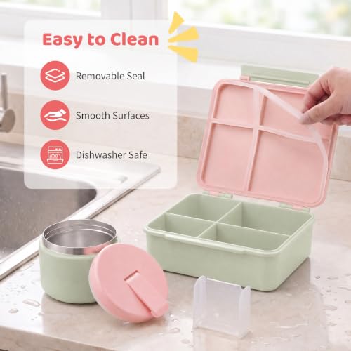 Bento Lunch Box with 8oz Soup Thermo (Green-Pink)