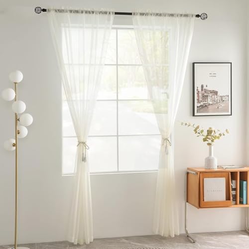 Solid Sheer Rod Pocket Curtain Voile Draperies 4 Panels Ivory Beige Black Grey Coffee 52 Inch Width 63 Inch Long 1 Pair for Kitchen Bedroom Children Living Room Yard (Ivory / 52"W x 63"L (Pack of 4))