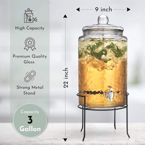 3 Gallon Glass Drink Dispenser with Metal Stand & Lid (Clear - 3 Gallon)