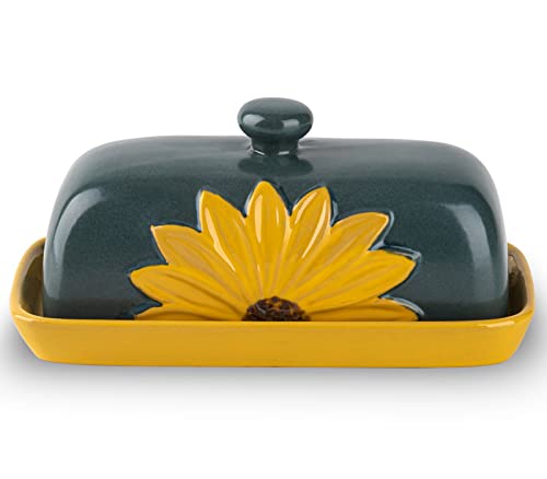 Ceramic Sunflower Covered Butter Dish With Lid Yellow Tray Green Lid Keeper