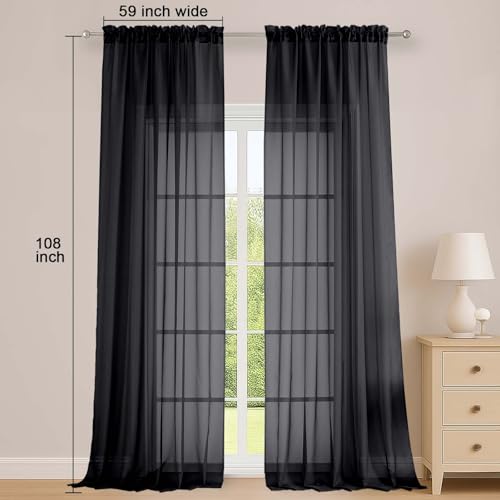 Black Sheer Curtains 108 Inch Long 2 Panels for Living Room 59" W (Black / 59"W x 108"L (Pack of 2))