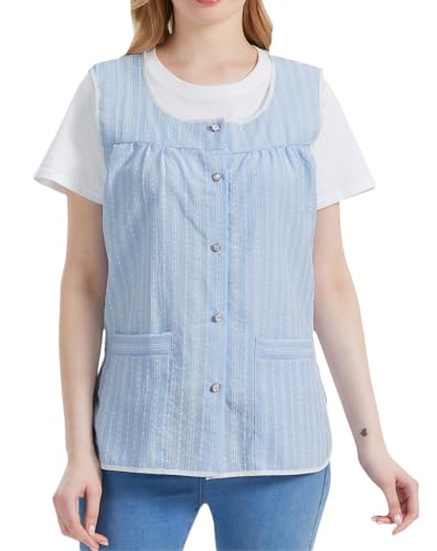 Cobbler Aprons for Women with Pockets Smock Apron with Buttons (Large / Blue Stripes)