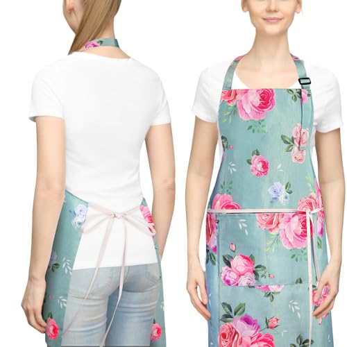 Floral Apron for Women with Pockets Cotton Canvas Waterproof Apron Cooking Baking Painting Gift (Red and Green)