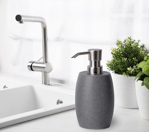 Sandstone Textured Resin Soap Dispenser with Metallic Pump and Waterproof Bottle Labels for Bathroom Kitchen Dish Hand Wash Shower Lotion Shampoo (Dark Gray)