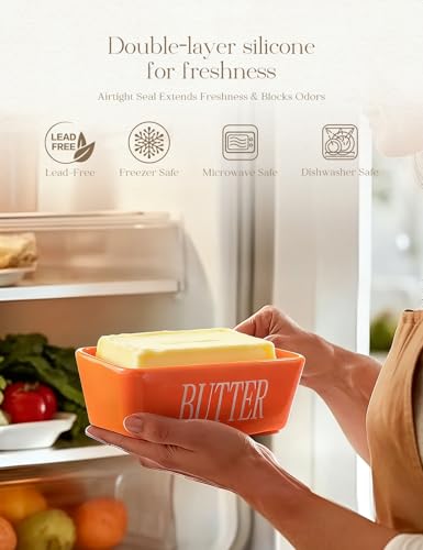 Ceramic Butter Dish with Lid and Knife Silicone Seal for Countertop Orange (Orange)