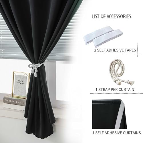Blackout Curtains with Self Adhesive Tape No Rod No Drill Easy Install Window Cover for Bedroom Kitchen Dorm 46" W x 96" L Black 1 Panel (46"W x 96"L (Pack of 1) / Black)