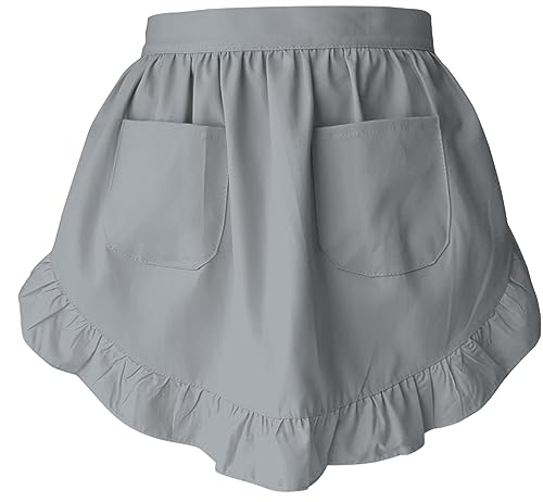 Women’s Waist Aprons with White Pockets Half Server Home Waitress Vintage Servant Apron for Kitchen Cooking (Gray)