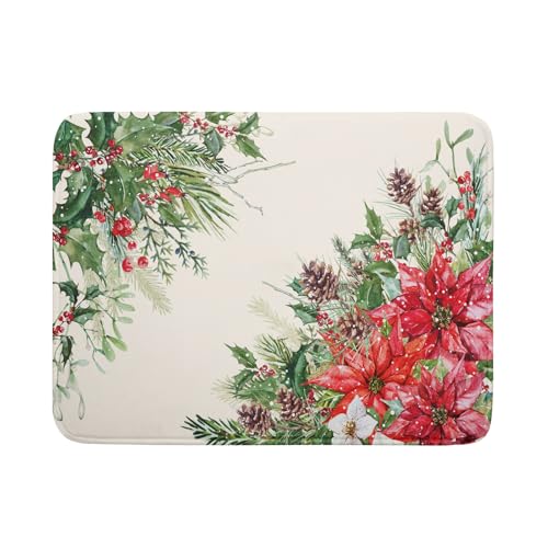 Poinsettia Dish Drying Mat for Countertop 18"x24" Christmas Red Floral Winter Holly Berries Dish Drainer Mats Absorbent Microfiber Dish Drying Pad Protector for Kitchen Home Decor Large (24" x 18")
