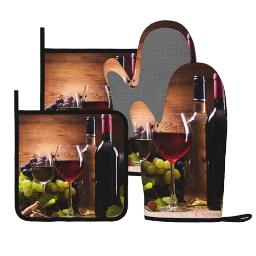 Wine Grapes Wooden Vintage Oven Mitts and Pot Holders Sets of 4 (Wine Grapes Wooden Vintage)