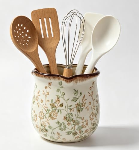 Rustic Ceramic Utensil Holder (green rattan 1)