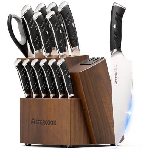 Knife Set Kitchen Knives Set with Block and Dual Sharpener Full Tang 15 Pcs German Stainless Steel Sharp Blade Dishwasher Safe with Ergonomic Handle (Premium Black Pro（Ultra Sharp）with Dual Sharpener)