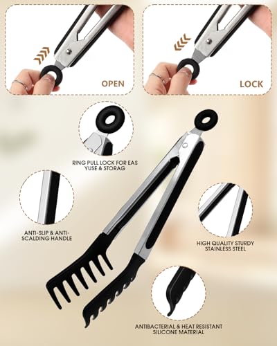 Spaghetti Spoon and Pasta Tong with Grip Teeth and Drain Holes (Black)