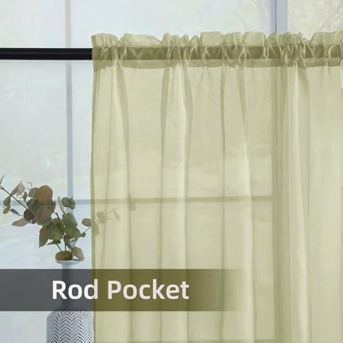 Solid Sheer Rod Pocket Curtain Voile Draperies 2 Panels White Beige Black Ivory Coffee 26 Inch Width 30 Inch Long 1 Pair for Kitchen Bedroom Children Living Room Yard (Sage Green / 26"W x 30"L (Pack of 2))