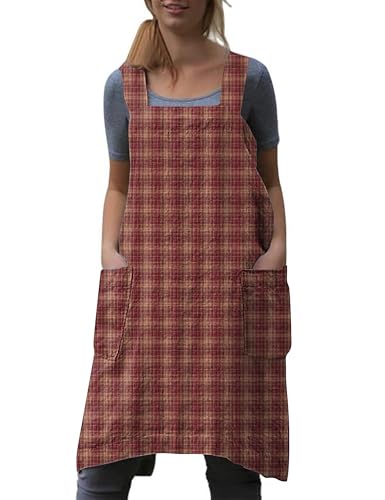 Women's Plaid Cross Back Apron with Large Pockets Home Kitchen (Large / Plaid7)