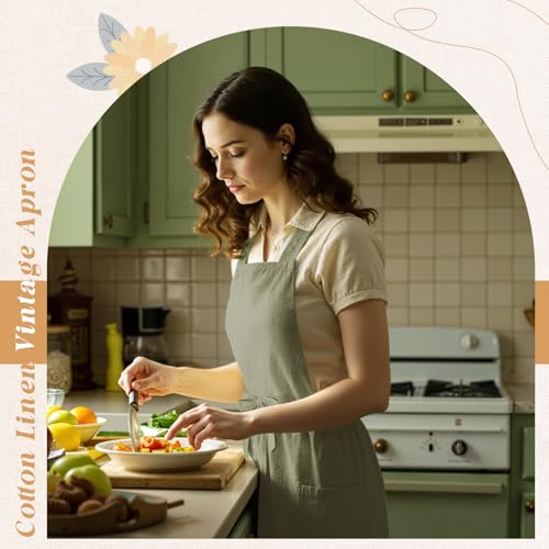 100% Cotton Aprons with Pockets Pinafore Dress for Women Vintage Cotton Apron for Christmas Kitchen Cooking Gifts (Olive Green / Vintage)