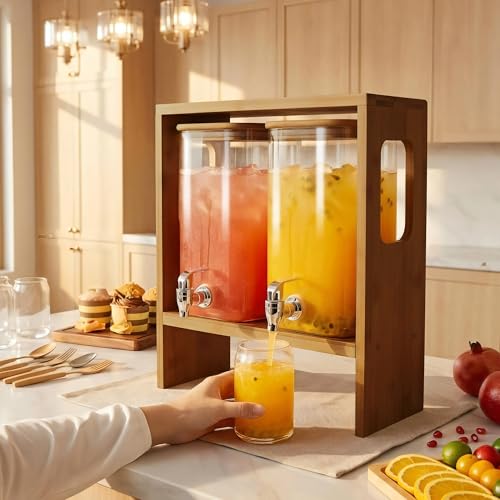 2 PCS 1.2 Gallon Glass Drink Dispenser with Stand and Serving Tray