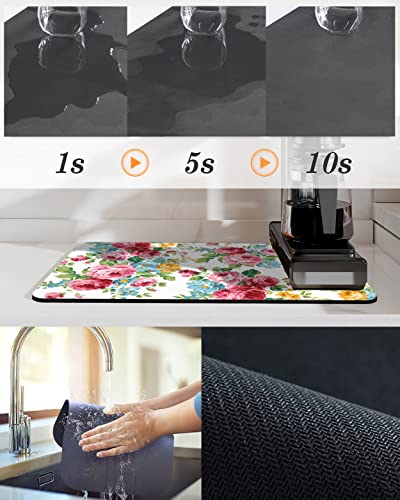 Coffee Bar Mat Accessories for Countertop Pioneer Flower Absorbent Hide Stain Rubber Backed Dish Drying Mats for Kitchen Counter Draining Pad Decor Gift Fit Under Coffee Maker (Pink Red Roses Floral / 12" x 19.5")