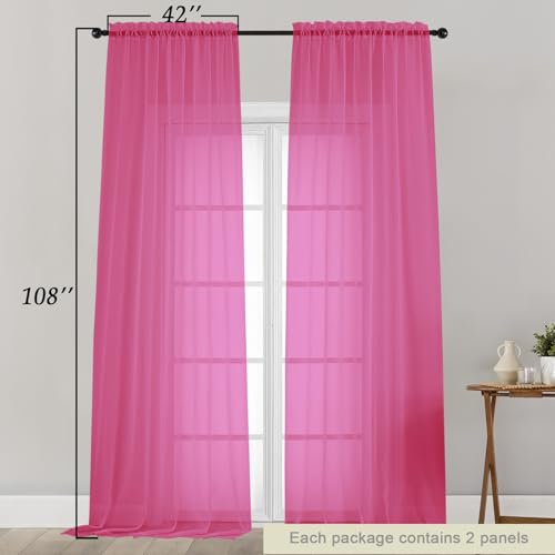 Extra Long Sheer Hot Pink Curtains for Bedroom Living Room 108 Inches Long 2 Panels Set (Hot Pink / 42"W x 108"L (Pack of 2))