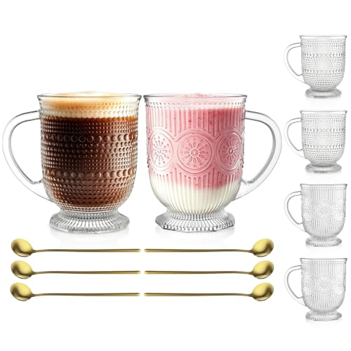 16oz Glass Coffee Mugs with Handle and Spoon Set of 6 Vintage Mug (Hobnail+Floral)