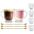 16oz Glass Coffee Mugs with Handle and Spoon Set of 6 Vintage Mug (Hobnail+Floral)