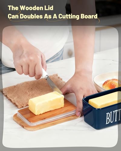 Butter Dish Ceramic with Lid and Knife for Countertop (Blue)