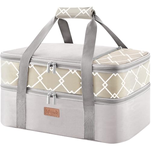 Insulated Double Decker Casserole Carrier (Gray / 15.7 x 11.4 x 8.3inch)