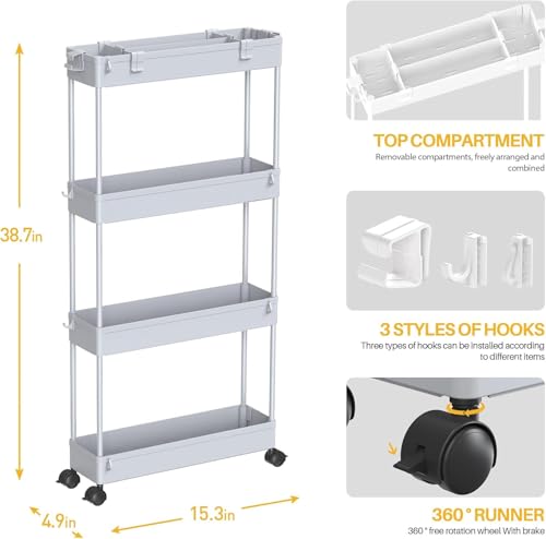 2 piece Set Slim Storage Cart 3 Tier (Grey)