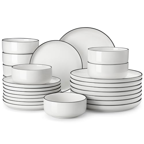 Plates and Bowls Sets (Ivory White-Black Rim / 24 Pcs (Service for 8))