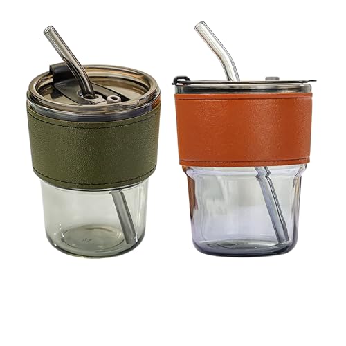 2 pcs Glass Tumbler with Straw and Lid 13 oz (2pcs Leather & Olive)