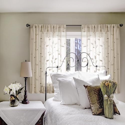 Taupe Kitchen Sheer Curtains Leaf Embroidered (52"W x 45"L (Pack of 2) / 2-taupe/Beige)