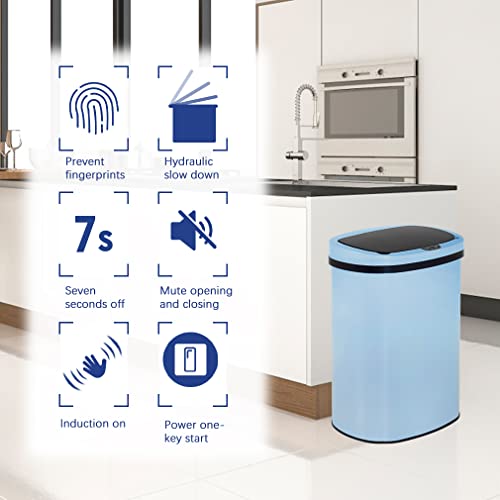 13 Gallon Stainless Steel Trash Can with Lid (Stainless Steel / Blue)