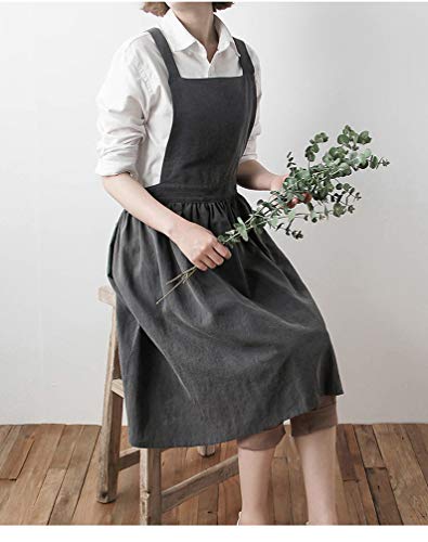Women Girls Vintage Apron Adjustable Gardening Works Cross Back Cotton (Grey / One Size)