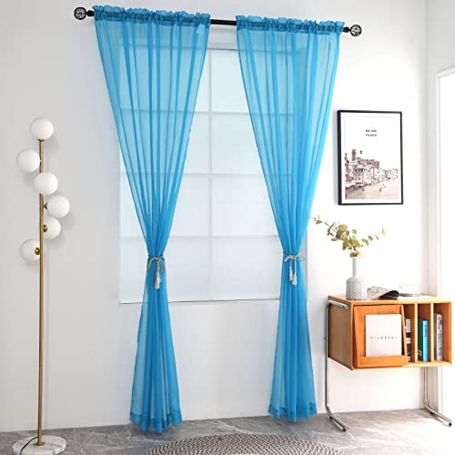 Basic Rod Pocket Sheer Voile Window Curtain Panels Cyan Blue 1 Pair 2 Panels 52 Width 96 Inch Long for Kitchen Bedroom Children Living Room Yard (Cyan Blue / 52"W x 96"L (Pack of 2))