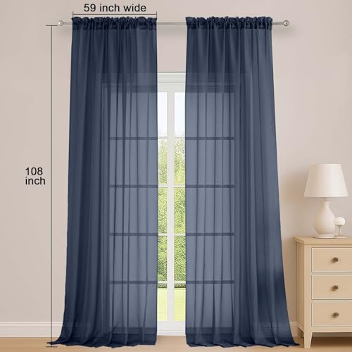 Navy Blue Sheer Curtains 108 Inch 2 Panels for Living Room 59" Wide (Navy Blue / 59"W x 108"L (Pack of 2))