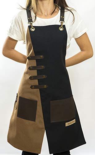 Apron for Women and Men Waterproof Canvas Extra Pocket for Chef Barista Gardening BBQ Grilling Crossback Unisex (Black Brown)